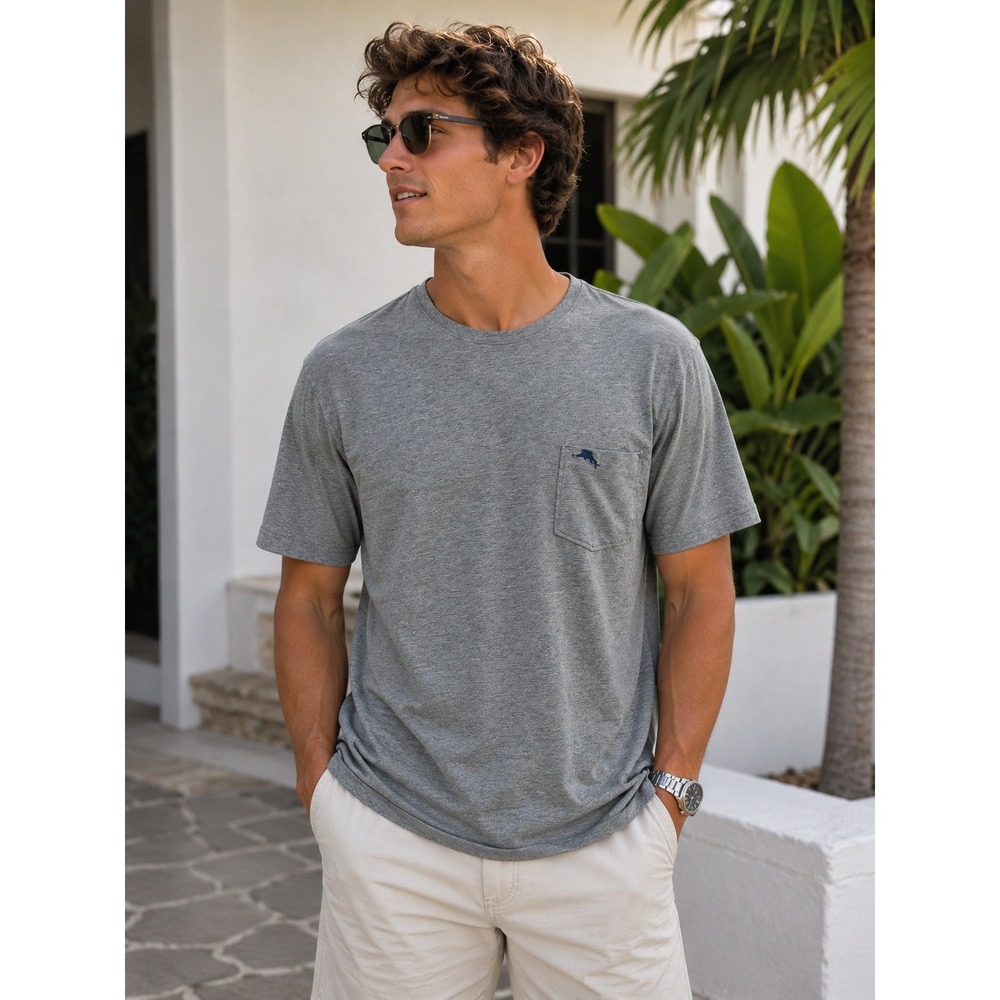 Tommy Bahama XL T-Shirt Relax Pima Cotton Pocket Marlin Logo Grey Resort Preppy